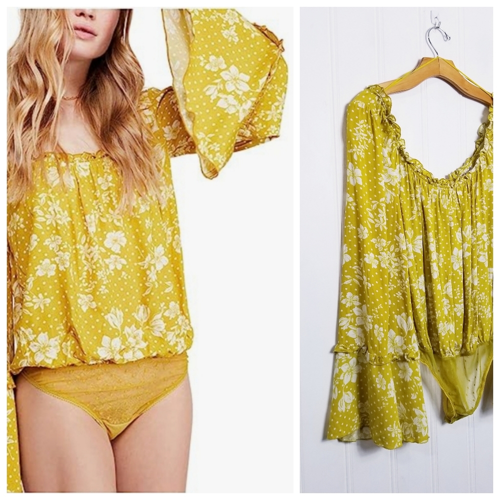 Free People Bodysuit XS One On One Date Sheer Floral Bell Sleeve Marigold Yellow